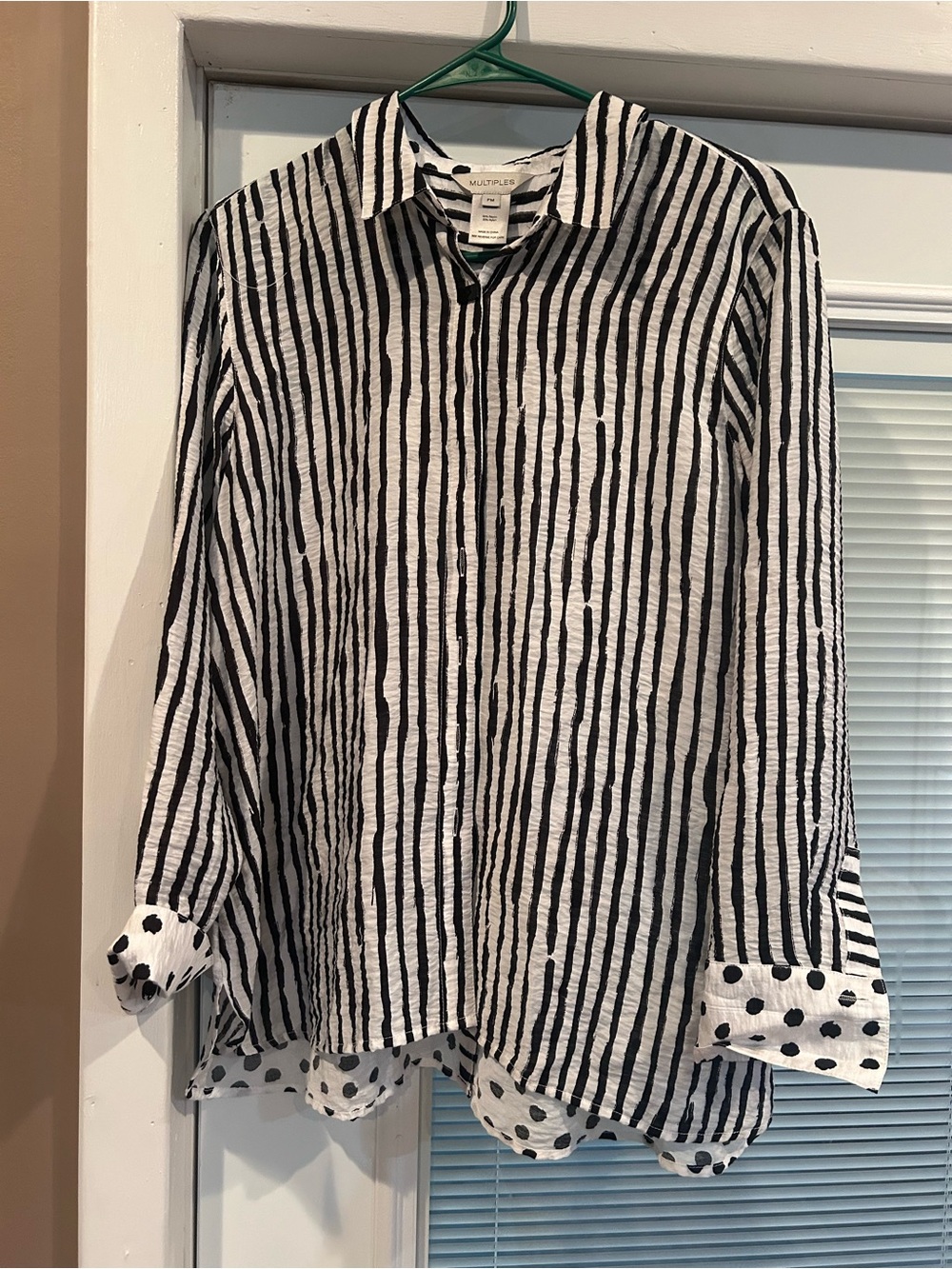 Multiples Black & White Vertical Stripe Button-Up Shirt with Polka Dot Trim